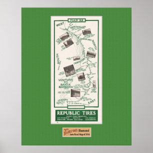 1914 Karta, Santa Barbara till Ventura Poster
