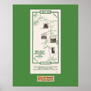 1914 Karta, Santa Cruz to Salinas, Grönt Mat Poster