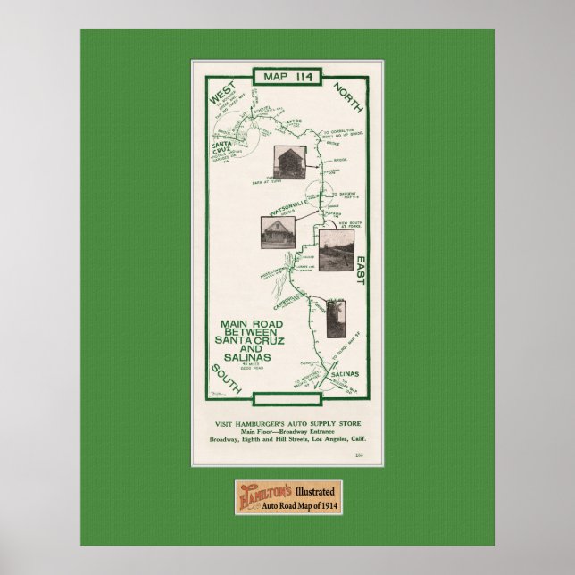 1914 Karta, Santa Cruz to Salinas, Grönt Mat Poster (Framsidan)