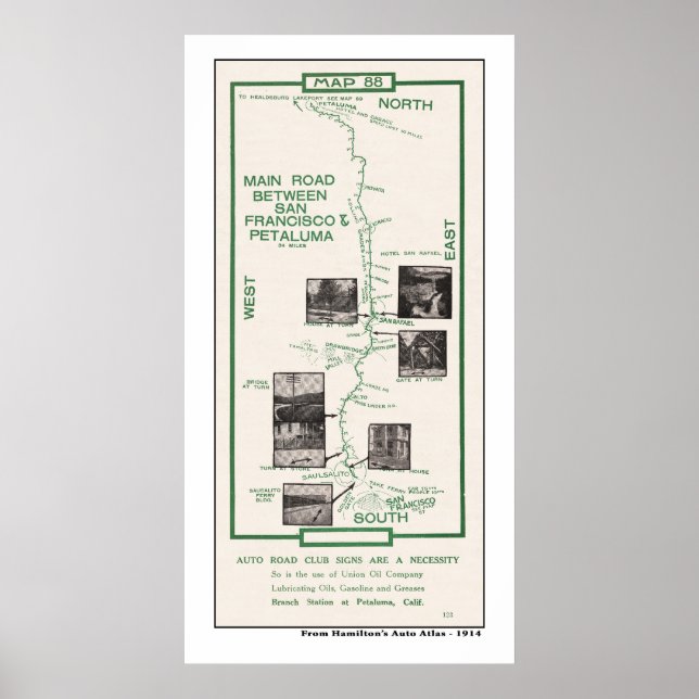 1914 Karta, SF till Petaluma Poster (Framsidan)