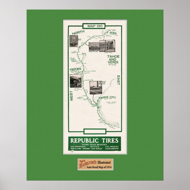 1914 Karta, Truckee till Verdi Poster (Framsidan)