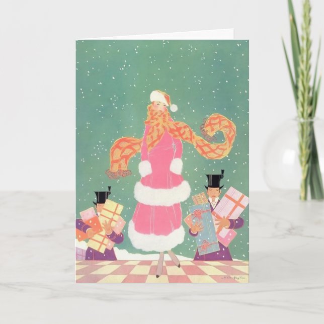 1914 Kvinna i rosa med män som bär presenter Helgkort (Framsida)