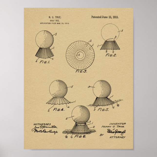 1915 Golf Boll Tee Design Patent Art Print Poster (Framsidan)