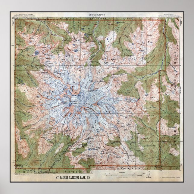 1915 MT. RAINIER TOPOGRAPHIC KARTA POSTER (Framsidan)