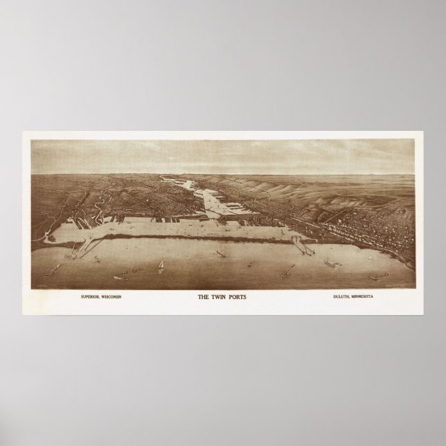 1915 Superior, WI & Duluth, MN Birds Öga View Poster (Framsidan)