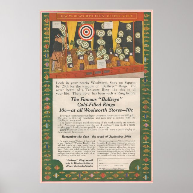 1916 Ad for Woolworth Bullseye guld fylld ringar Poster (Framsidan)