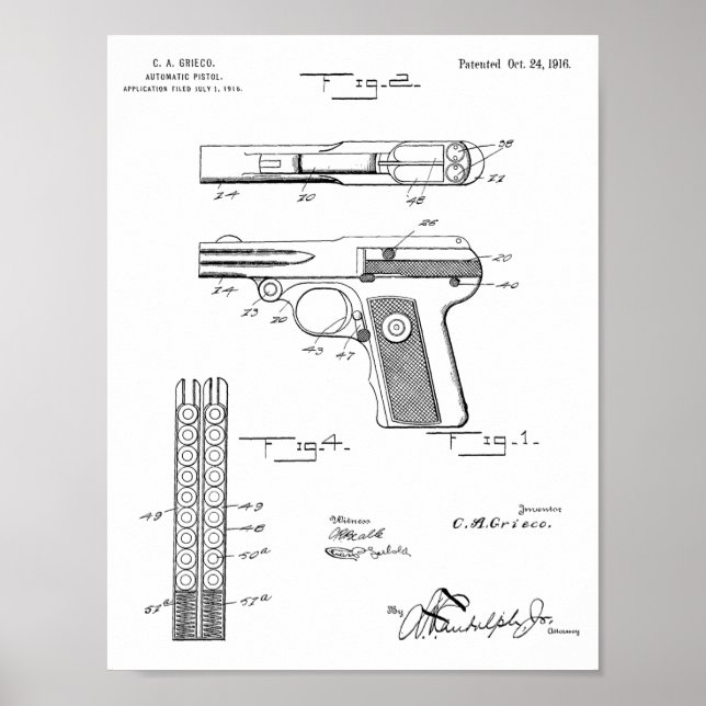 1916 Automatisk utskrift av Gun Patent Art Tecknin Poster (Framsidan)