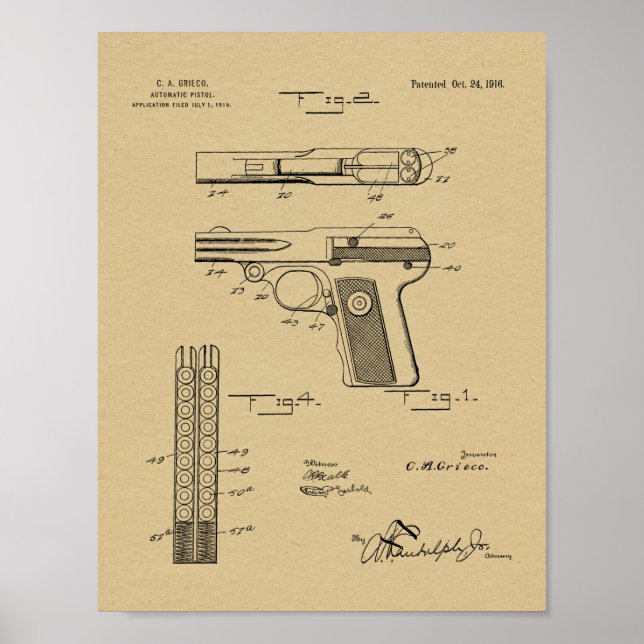 1916 Automatisk utskrift av Gun Patent Art Tecknin Poster (Framsidan)