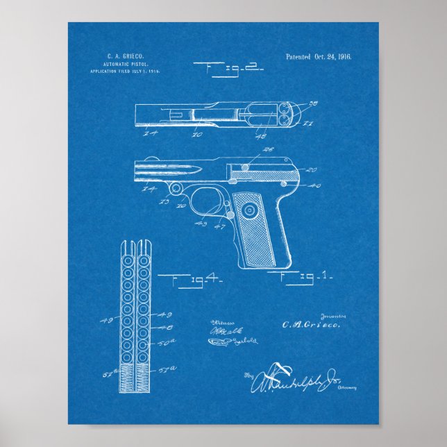 1916 Automatisk utskrift av Gun Patent Art Tecknin Poster (Framsidan)
