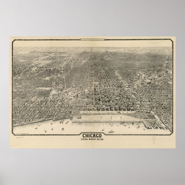1916 Chicago, IL Birds Öga View Panoramic Karta Poster (Framsidan)