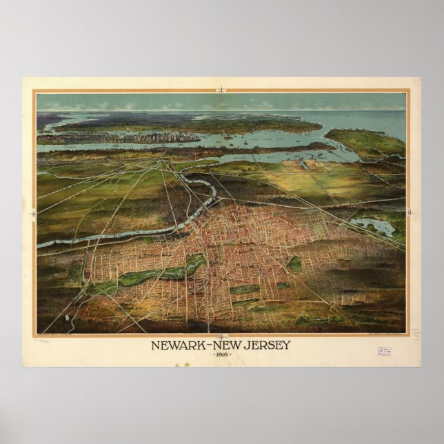 1916 Newark, NJ Birds Öga View Panoramic Karta Poster (Framsidan)