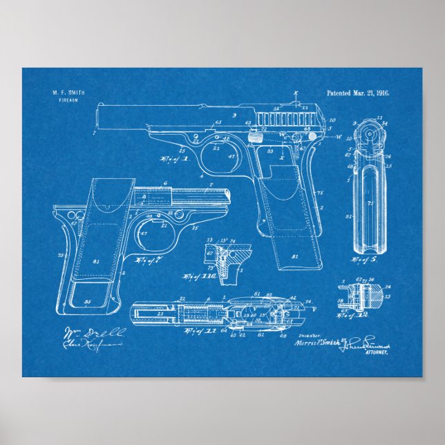 1916 Smith Gun Patent Art Teckning Skriv ut Poster (Framsidan)