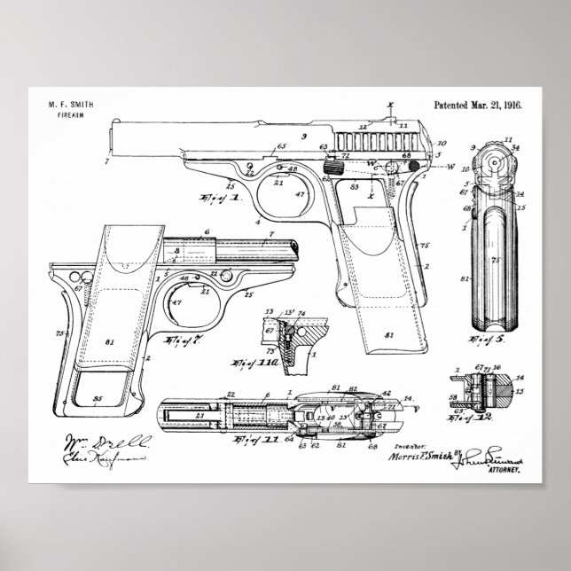 1916 Smith Gun Patent Art Teckning Skriv ut Poster (Framsidan)