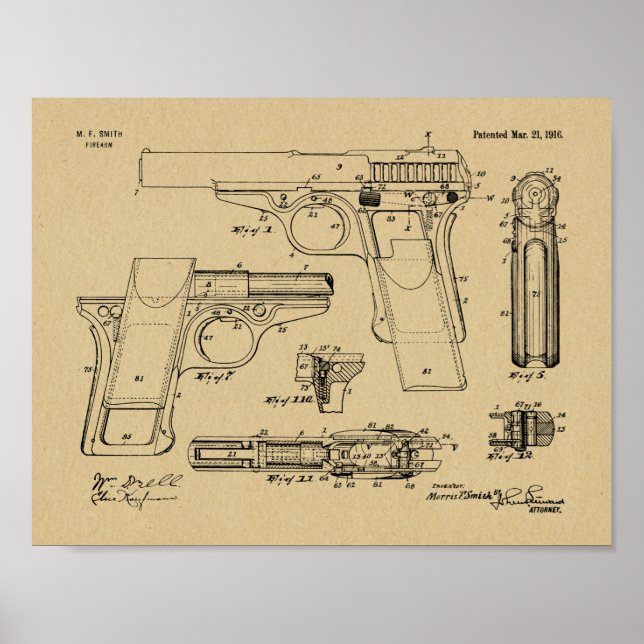 1916 Smith Gun Patent Art Teckning Skriv ut Poster (Framsidan)