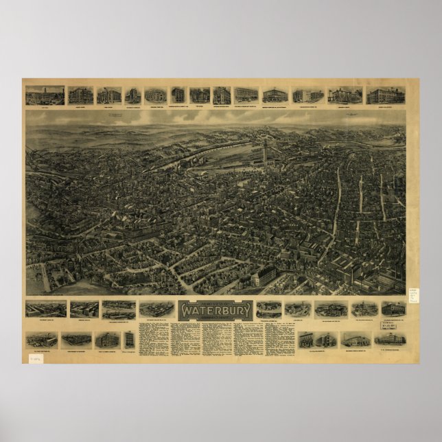 1917 Waterbury CT Birds Öga View Panoramic Karta Poster (Framsidan)