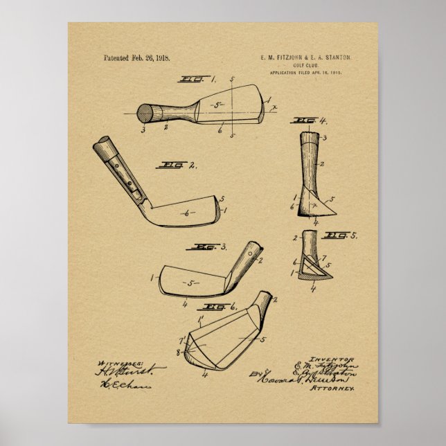1918 Golf Klubb Head Patent Art Teckning Print Poster (Framsidan)