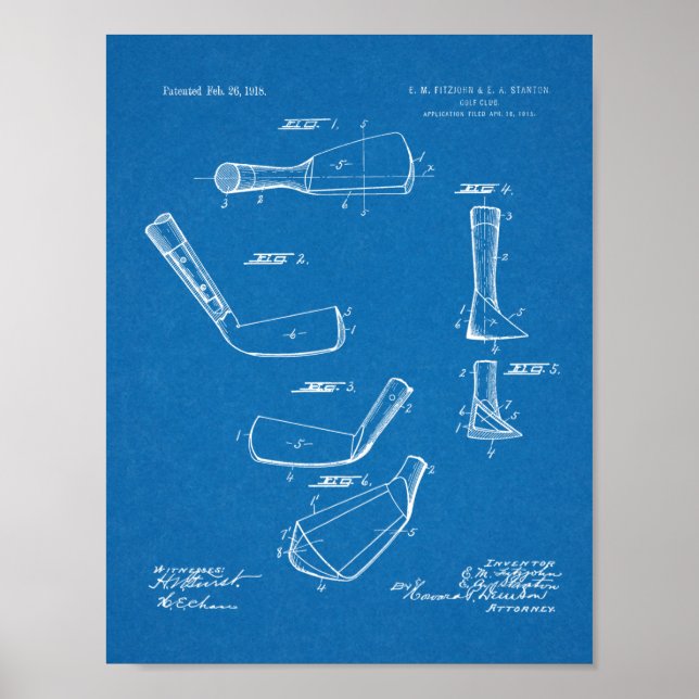 1918 Golf Klubb Head Patent Art Teckning Print Poster (Framsidan)