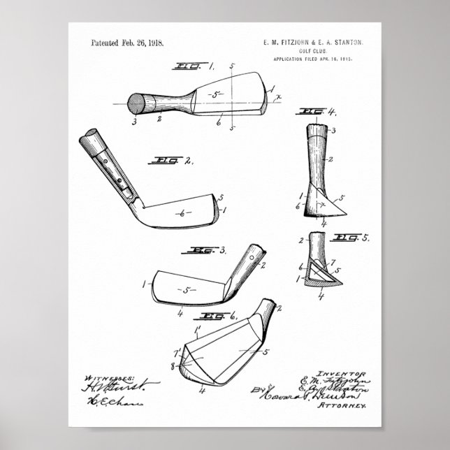 1918 Golf Klubb Head Patent Art Teckning Print Poster (Framsidan)