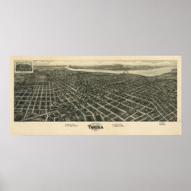 1918 Tulsa, OK Birds Öga View Panoramic Karta Poster (Framsidan)