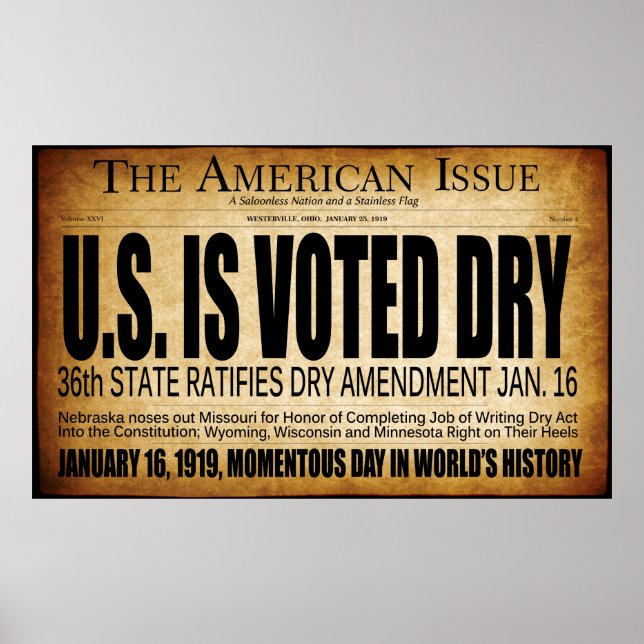 1919 FÖRBUD MOT DRY ERA BÖRJAR! HEADLINE POSTER (Framsidan)