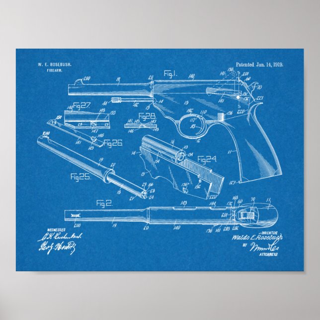 1919 Gun Auto Patent Art Teckning Skriv ut Poster (Framsidan)