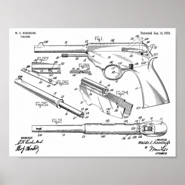 1919 Gun Auto Patent Art Teckning Skriv ut Poster (Framsidan)