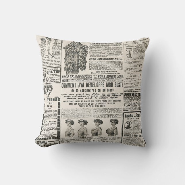 1919 Paris Mode: Antique Newspaper Page Kudde (Framsida)