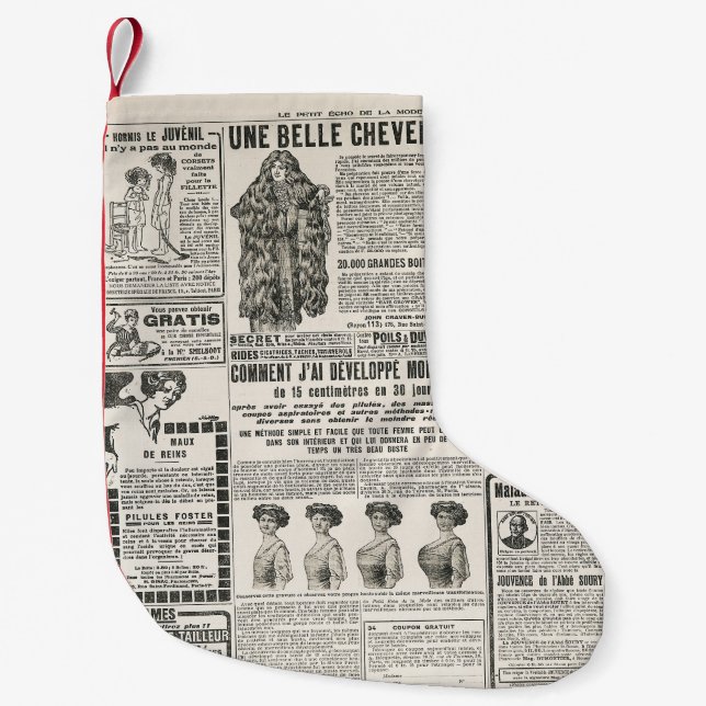 1919 Paris Mode: Antique Newspaper Page Liten Julstrumpa (Framsidan)
