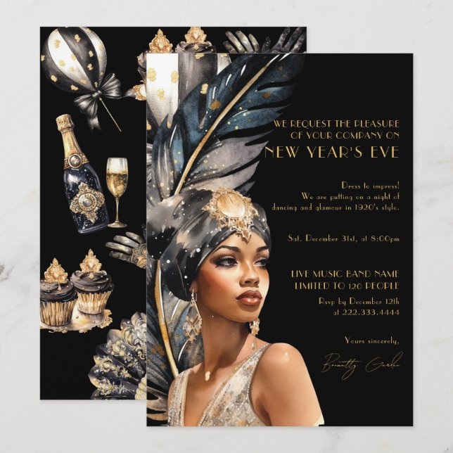 1920 års nya år Party i Luxury Black Guld Retro Inbjudningar (Fram/baksida)