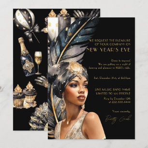 1920 års nya år Party i Luxury Black Guld Retro Inbjudningar