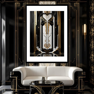 1920 Art Deco Geometrisk guldram svart vit Poster