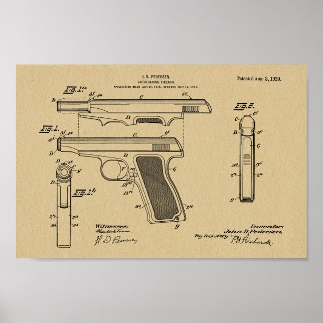 1920 Automatisk utskrift av Gun Patent Art Tecknin Poster (Framsidan)