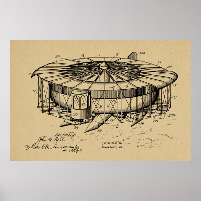 1920 Flying Machine Airplane Patent Art Drawing Poster (Framsidan)