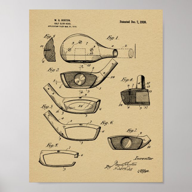 1920 Golf Klubb Head Design Patent Art Skriv ut Poster (Framsidan)