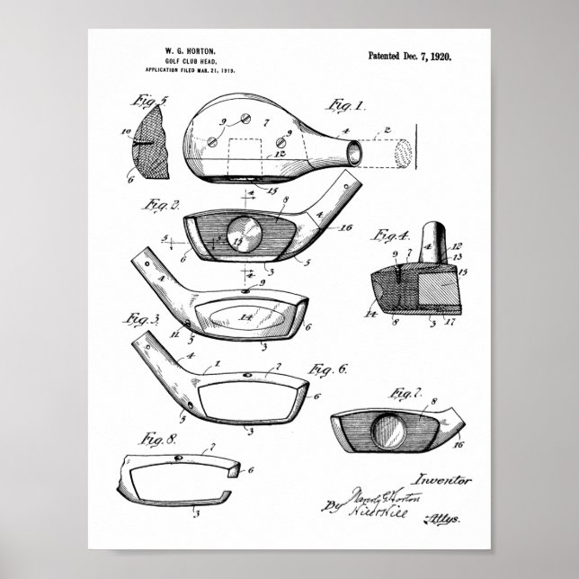 1920 Golf Klubb Head Design Patent Art Skriv ut Poster (Framsidan)