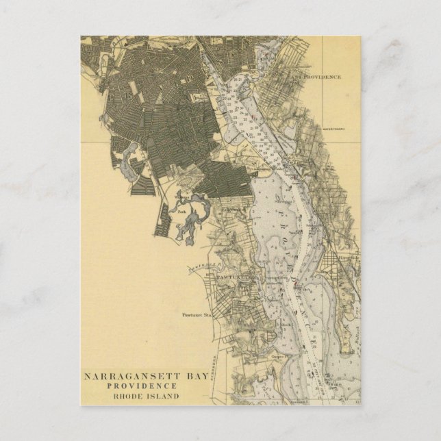 1920 Narragansett Bay Providence RI Harbour Chart Vykort (Framsida)