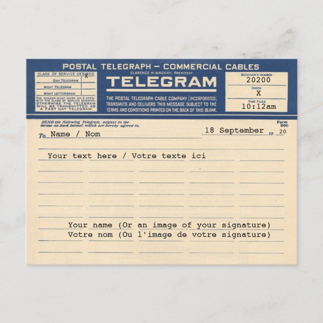 1920 Postalt Telegram (Postkort) Vykort (Framsida)