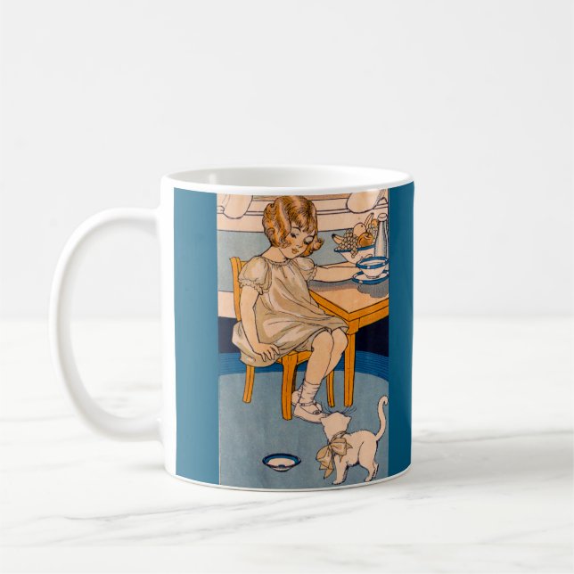 1920-tal liten flicka och litet vitt katt kaffemugg (Vänster)
