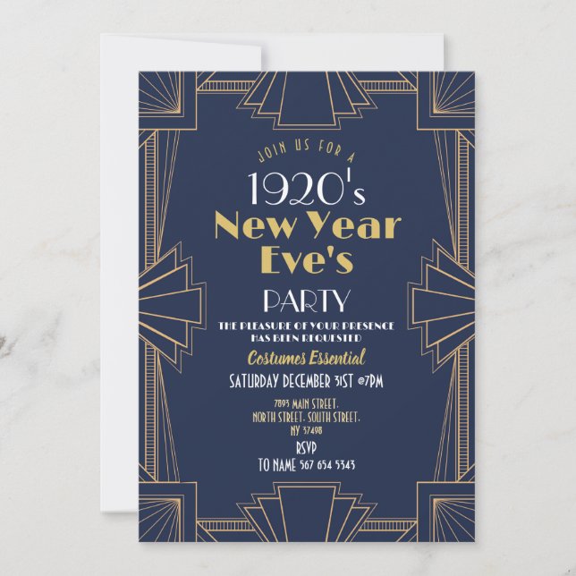 1920-tal Nyårsfest Art Deco Navy Guld Inbjudningar (Framsida)