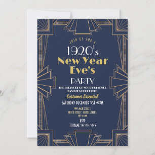 1920-tal Nyårsfest Art Deco Navy Guld Inbjudningar
