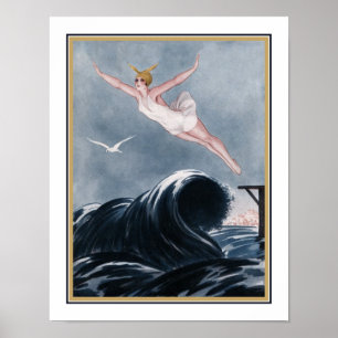 1920-talet Art Deco "som flyger över Vågar" Poster