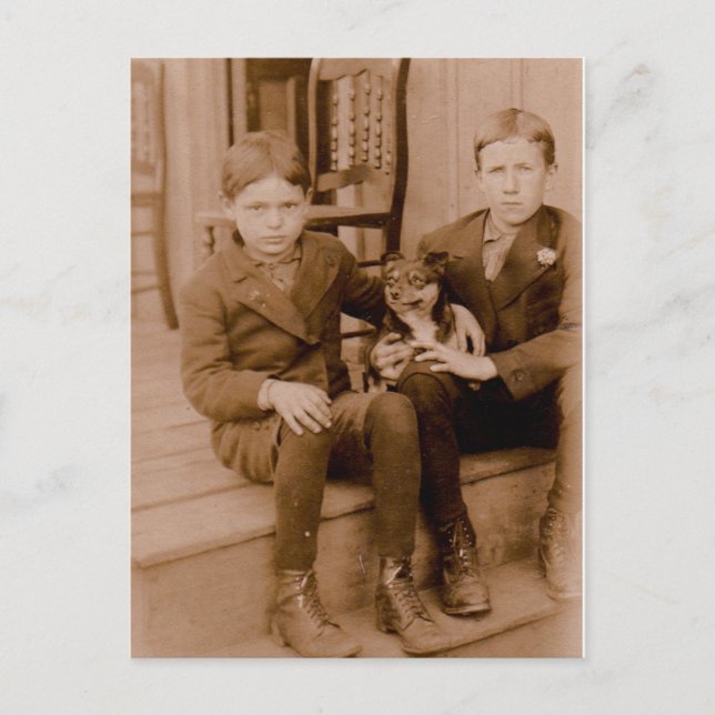 1920-talet två pojkar en hund vykort (Framsida)