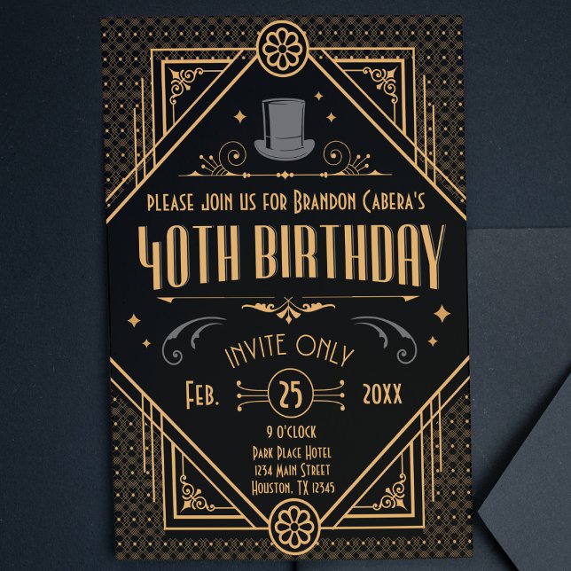 1920-talets Art Deco Black & Guld 40:e födelsedage Inbjudningar (40th birthday speakeasy 1920s gold invite casino Art Deco cool classy unique invitation for him)