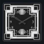 1920-talets Art Deco Grått & Black Geometric Mönst Fyrkantig Klocka<br><div class="desc">Vintagens glamor formaterade 1920-talets tematklocka. Den har en grått- och svart geometrisk kvadratdesign med ett fet maskulin. Lägg till lite elegans och klass till ditt hemkontor eller vilket rum som helst.</div>