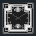 1920-talets Art Deco Grått & Black Geometric Mönst Fyrkantig Klocka<br><div class="desc">Vintagens glamor formaterade 1920-talets tematklocka. Den har en grått- och svart geometrisk kvadratdesign med ett fet maskulin. Lägg till lite elegans och klass till ditt hemkontor eller vilket rum som helst.</div>