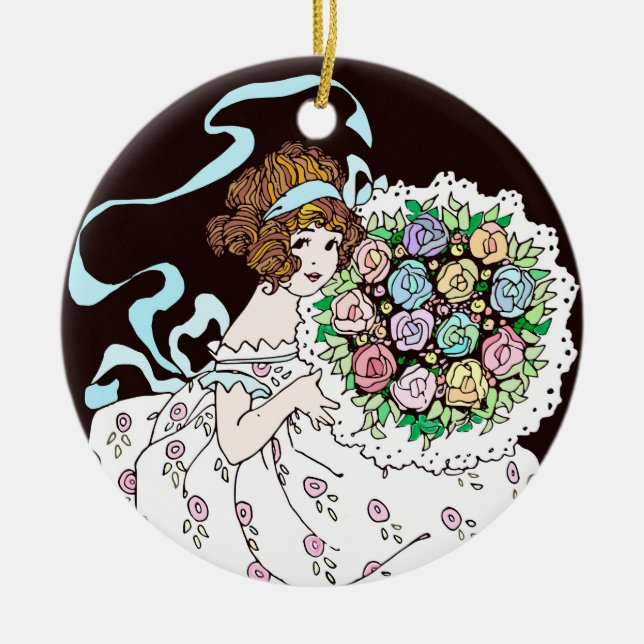 1920-talets Flower Girl with Bouquet Ceramic Ornam Julgransprydnad Keramik (Framsidan)