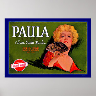 1920-talets frukt-låda-etikett Paula från Santa Pa Poster