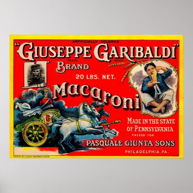 1920-talets Giuseppe Garibaldi macaroni-etikett Poster (Framsidan)