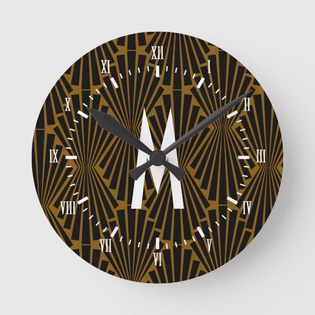 1920-talets konst Deco Black Finial Fläkt Rund Klocka (Framsida)