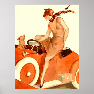 1920-talets kvinna, bil och hund poster